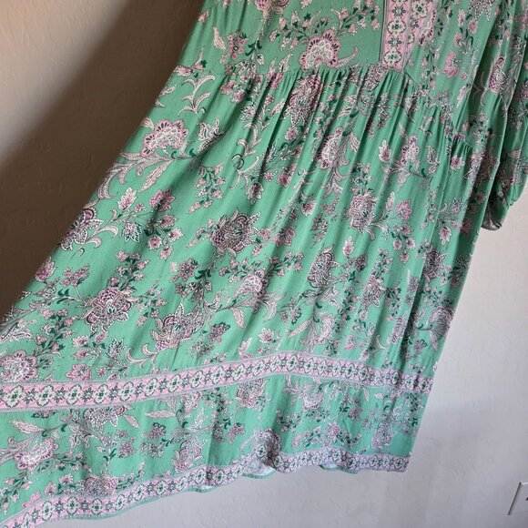 J.Jill Border Printed Flounced Hem Dress Size XL Light Garden Green Peasant Boho - Picture 5 of 12